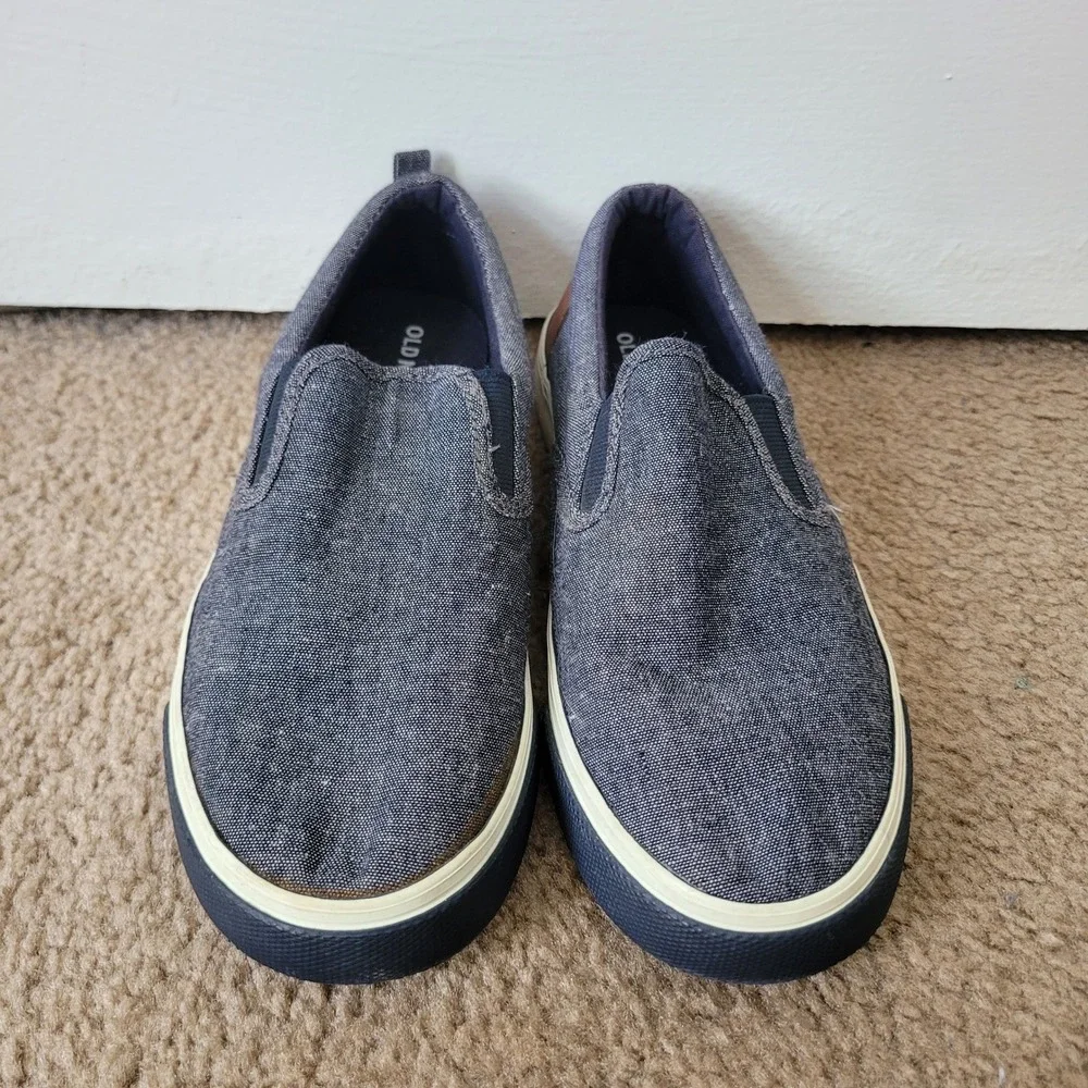 Old Navy Size 5 Linen Slip On Sneakers Boys Indigo Denim‎ Faux Leather Heel